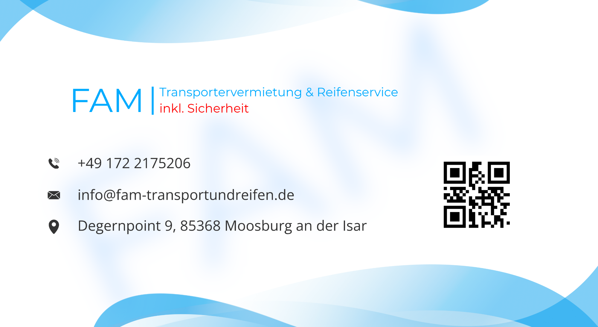 FAM Transportervermietung & Reifenservice inkl. Sicherheit FAM Visitenkarte für Kooperationsanfragen
